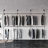 pamo Kleiderstange Wandmontage Schwerlast - Offener Kleiderschrank oder Kleiderständer industrial schwarz aus Metall Wasserrohren - KIM III Double