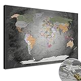 LANA KK - Weltkarte Leinwandbild mit Korkrückwand zum pinnen der Reiseziele – „Worldmap Edelgrau” - deutsch - Kunstdruck-Pinnwand Globus in grau, in 120x80cm