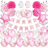 Geburtstagsdeko Mädchen Happy Birthday Girlande Ballons Geburtstag Dekoration Set mit Luftballons Rosa, Seidenpapier Pompoms Rosa für Deko Geburtstag Taufe Mädchen