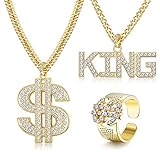 JeweBella Hip Hop Halskette & Ringe Herren Damen Plated Kette Dollar & King Halskette Dollar Anhänger Halskette Rap Sänger Gold Dollar Anhänger Kett Hip Hop Rapper Zubehör