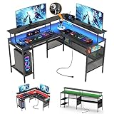 WASAGUN L förmiger Schreibtisch,Steckdose und USB-Anschlüsse,Eck Gaming Schreibtisch mit LED-Licht,umkehrbarer Computertisch mit Monitorständer,Home-Office-Arbeitstisch,Schw