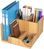Schreibtisch Organizer Büro Tisch Organisation mit 5 Ablagefächer Stifteköcher Stiftehalter Aufbewahrungsbox Zubehör 21,5x18,5x11,5cm (Bambus)