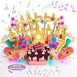 Pop-Up-Geburtstagskarte zum 7. Geburtstag mit Licht und blasbarer Kerze, 3D-Retro-Karte mit Lied 'Happy Applaus', lustige Geburtstagskarte zum 7. Geburtstag für Sohn, Tochter, Kinder