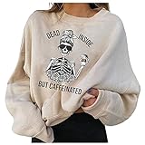 Pullover Damen Casual Dead Inside BUT Caffeinated Damen Sweatshirt Langarmshirt Rundhals Langarm Shirts Herbst Winter LONLY0915 (Beige, S)
