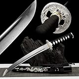 KWXPW 55cm Japanisches Wakizashi,Kurzes Katana-Schwert,Musterstahl Klinge,Holzscheide mit Gemaltes Drachenmuster,handgefertigt Samurai-Schwert für Sammlung,Cosplay,Requisiten,Dekoration,Geschenk