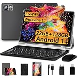 2025 Neueste Tablet 10.1 Zoll Android 14 Octa-Core 22GB RAM+128GB ROM 1TB TF, Widevine L1,5G+2.4G WiFi, GMS,BT 5.0, 8000mAh, 8+5MP,1280*800, Face ID, GPS,Type C, Tablet PC mit Tastatur, Maus-Schw