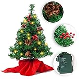 JOYIN 50.8cm Mini Künstlicher Weihnachtsbaum, LED Beleuchtung Christbaum mit Tannenzapfen und rote Beere für Weihnachtsdekoration Zuhause und im Büro