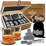 Whisiskey - Whisky Zubehör Set – 8 Whiskey Steine, 2 Gläser, Zange & 2 Untersetzer einbegriffen – Aufbewahrungsbox mit Deckel – Geschenke für Männer – Eiswürfel Wiederverwendbar