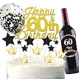 Happy Birthday Tortendeko 60. Geburtstag, Glitter Tortendeko Happy 60th Birthday Schwarzes Gold, Cake Topper Happy Birthday mit 60. Geburtstag Flaschenetikett, für Mann Frau(60 Jahre)