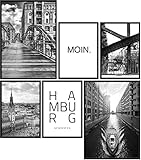 Papierschmiede® Mood-Poster Set Hamburg | Bilder als Wanddeko | Wohnzimmer & Schlafzimmer | 2x DIN A4 und 4x DIN A5 | Hafen Hauptstadt des Nordens schwarz-weiß - ohne Rahmen