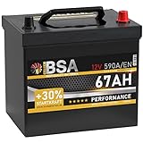 BSA ASIA Autobatterie 67Ah 12V 590A/EN ASIA Batterie Plus-Pol Rechts 30% mehr Startleistung ersetzt 60Ah 65Ah