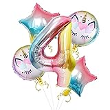 101.6 cm Zahlen-Ballon mit Einhorn-Ballon mit 45.7 cm großen Einhorn-Ballon und Folienstern-Ballon für Party, Heimbüro-Dekoration, Geschenk für Baby Kinder Mädchen (Regenbogen Nummer 4)