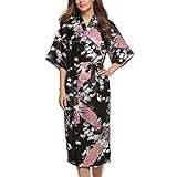 Asskyus Lange Schlaf Robe Kimono Robe, Floral Satin Robe Pfau und Blüten Bademantel, Nachtwäsche (2XL, Schwarz)