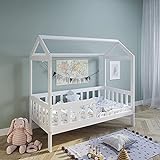 Hausbett Kinderbett 160x80 cm mit Rausfallschutz & Lattenrost weiß 80 x 160 für Mädchen und Jungen Massivholz Kiefer
