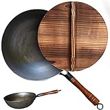 Tonpop Wok-Kochpfanne, bester Wok mit Holzdeckel, 30,5 cm, 100 % keine Verwandlung, Gusseisenpfanne mit Holzgriff, kratzfeste Bratpfannen aus Gusseisen