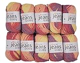 10 x 50g Strickwolle YarnArt Jeans Crazy mit 55% Baumwolle, 500 Gramm Wolle mit Farbverlauf mehrfarbig (flieder rosa cremeweiß 8206)