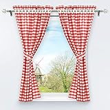 HongYa 4-TLG. Set Karo-Muster Vorhangschals Küche Gardinen Vorhänge mit Raffhalter H/B 145/80 cm Rot