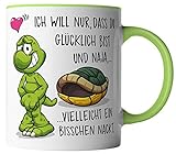 vanVerden Tasse - Ich will das du glücklich bist und vielleicht ein bisschen nackt - beidseitig Bedruckt - Geschenk Idee Valentinstag Liebe Love mit Spruch, Tassenfarbe:Weiß/Grün