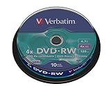 Verbatim DVD-RW 4x Matt Silver 4.7GB,10 Stueck Spindel, DVD Rohlinge beschreibbar, 4-fache Brenngeschwindigkeit & Hardcoat Scratch Guard, DVD leer, Rohlinge DVD wiederbeschreibbar,(10 Stück )1er Pack