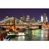 GREAT ART® XXL Poster – New York – Wandbild Dekoration Brooklyn Bridge bei Nacht leuchtende Wolkenkratzer Skyline Wall Street USA Deko Wandposter Fotoposter Wanddeko Bild (140 x 100 cm)