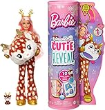 Barbie HJL61 - Cutie Reveal Schneefunkel Serie Puppe mit reh Plüschkostüm und 10 Überraschungen inklusive kleinem Haustier und Farbwechsel, Geschenk für Kinder ab 3 Jahren