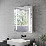 SONNI Spiegelschrank Bad mit Beleuchtung 70 x 60 cm IP44 Wasserciht Edelstahl LED doppeltürig Badezimmerschrank, mit Steckdose und Kippschalter für Badezimmer