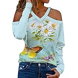 Damenmode Casual Langarm Schulterfrei Neckholder V-Ausschnitt Schmetterling Print Tops Bluse T-Shirts für Junioren, Weiß-2, Large