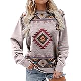 GFGHH Langarmshirt Damen Western Azteken Oberteil im Ethno Stil mit Rhombus Print Sweatshirt Crewneck Bedrucktes Frühling Tops, Hemd Tee Tops, Rundhals Pullover Baumwolle Freizeit T-Shirts Bluse