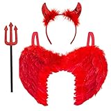 Teufelshörner/-flügel und Heugabel für Erwachsene, 3 Stück, rote Engelsflügel mit Pailletten, für Erwachsene und Kinder - Zubehör für Halloween, Fastnacht