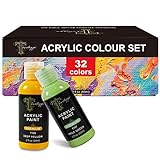 Tavolozza Acrylfarbenset - Inhalt: 32 x 60 ml Flaschen Acrylfarben, 3 x verschiedene Pinsel, 1 x PVC-Mischpalette, perfekt zum Malen auf Leinwand, Keramik, Stein und Holz usw.