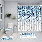 Juwute Duschvorhang-Set mit 12 Haken, Marmorblüten-Design, Badezimmer-Dekor-Set mit 12 Haken, blaue Blumen, WC-Deckelbezug-Sets mit rutschfestem Teppich, wasserdicht, 183 x 183 cm