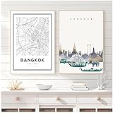 LonftGhhP Thailand Stadtplan Poster Bangkok Skyline Ansicht Moderne Wandkunstdrucke Wohnkultur Leinwand Malerei Einweihungsgeschenk- 42x60cmx2 Ungerahmt