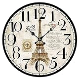 Runde Wanduhr Große arabische Ziffern Wanduhr Eiffelturm Druckmuster Frankreich Country Toscan Style Nicht tickende batteriebetriebene Silent Clock,