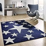 VIMODA Sterne Teppich Flauschige Qualität Blau Weiß Kunstfaser Schadstoffgeprüft, Maße:120x170 cm