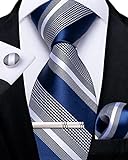 DiBanGu Blau Krawatten und Taschentuch-Set Blau und Grau Gestreift Krawatte für Herren Manschettenknopf-Krawattenklammer für Hochzeit Formell
