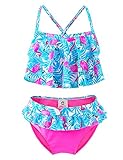 IKALI Mädchen Bademode Bikini Set, 50 UPF UV Sonnenschutz Flamingo Badeanzug, Kleinkind Sommer Strand Sport, Rosa, 6-7Jahre