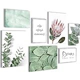 Wandbilder Grüne Blätter Pflanze - KOMPLETT AUFHÄNGFERTIG - Natur Blumen Wohnzimmer Schlafzimmer- 7 Moderne Mood-Bilder - N005371a