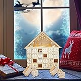 ZUER Countdown Kalender, Weihnachten Holz Adventskalender mit LED Licht 24 Speicher Schubladen Haus Weihnachten Adventskalender Geeignet für Feiertagsdekoration