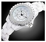 RXSHOUSH Frauenuhr weiße keramische Uhr Mädchen-Diamant-wasserdichte Quarz-Uhr mit digitaler Zeiger-Armbanduhr
