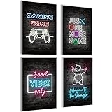 mojoliving Gaming Zimmer Deko Bilder | Poster Wand für Gamer Jugendzimmer | Set mit Neon Sign Motive | Coole Geschenke für Gamer | Zocker Bilder Wand | Neon Wandb