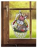 DEMASol Osterfensterbild mit Holz Hasenmädchen 17 x 23 cm (BxH) Plauener Spitze mit erzgebirgischer Holzkunst inkl. Saughaken
