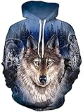 Loveternal Pullover Damen Winter Hoodie Herren mit Kapuze 3D Wolf Druck Hoody Langarm Herbst Sweatshirt Pulli Mit Taschen für Männer Frauen XL