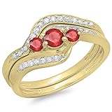 Damen Ring / Ehering 14 Karat Gelbgold Echte Rubin & Diamant Damen Style 3 Stein Verlobungsring Ehering Set