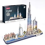 CubicFun 3D Puzzle Dubai LED CityLine - Atlantis The Palm Dubai, Burj Al Arab Jumeirah Hotel, Burj Khalifa, Emirates Towers Kits und Souvenirgeschenk 182 Stück