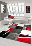 Designer Teppich Moderner Teppich Wohnzimmer Teppich Kurzflor Teppich mit Konturenschnitt Karo Muster Rot Grau Weiß Schwarz Größe 80x150 cm