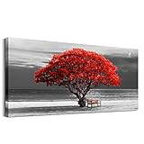 hyidecorart Bilder Baum Rote, Bäume Natur Leinwand Bilder, 1 Teilig Wandbilder Wohnzimmer, Modern Glücksbaum Kunstdruck Wanddeko für Schlafzimmer Küche Esszimmer und Büro（50CM*100CM)