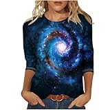 Galaxy Shirt Damen 3D Galaxie Bedrucken 3/4 Ãrmel T-Shirts Rundhals Sommer Bluse Modische Glitzer Oberteile Teenager Mädchen Streetwear Universum Stern Weltraum Grafik Karneval C