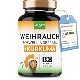 Weihrauch Kurkuma Vergleichssieger, 180 Kapseln hochdosiert Boswellia Serrata 2000mg, 85% Boswelliasäure, 500mg CURCUMA, 95% Curcuminoide Tagesdosis, ohne Zusätze oder chemische Entzündung