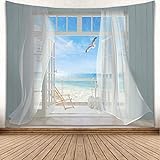 YISURE Ozean Wandteppich, Meer Strand Natur Wandteppich, Möwe Fenster Wandbehang für Schlafzimmer Wohnzimmer Home Office Dekoration, 230x180cm