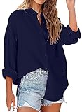 Damen Bluse Langarm Tunika Shirt V-Ausschnitt Elegant Oberteile Hemd mit Knöpfen Casual Lose Langarmshirt Tops